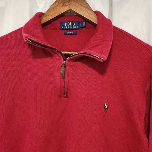 Polo Ralph Lauren Sweater Mens L Red 1/4 Zip Pullover Estate Rib Flesh Pony - Picture 2 of 3